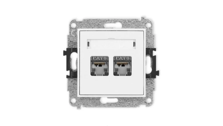 MINI Mechanizm gniazda komputerowego podwójnego 2xRJ45, kat. 6, ekranowane, 8-stykowy biały mat 25MGK-6