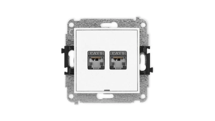 MINI Mechanizm gniazda komputerowego podwójnego 2xRJ45, kat. 6, ekranowane, 8-stykowy, bez pola opisowego biały mat 25MGKBO-6