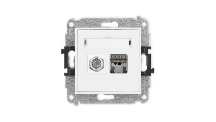 MINI Mechanizm gniazda antenowego poj. typu F (SAT) + gniazda komp. poj. 1xRJ45, kat. 6 ekranowe, 8-stykowy biały mat 25MGFK-5