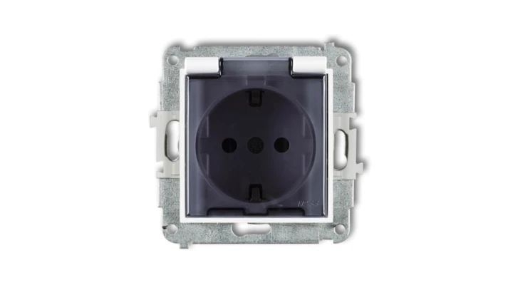 MINI Mechanizm gniazda bryzgoszczelnego z uziemieniem SCHUKO 2P+Z (klapka dymna, przesłony torów prądowych) biały mat 25MGPB-1sd