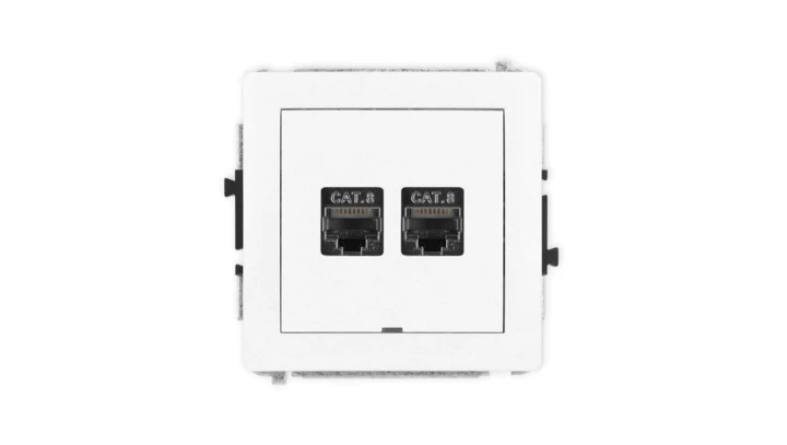 DECO Mechanizm gniazda komputerowego podwójnego 2xRJ45, kat. 8, ekranowane, 8-stykowy, bez pola opisowego, biały mat 25DGKBO-12