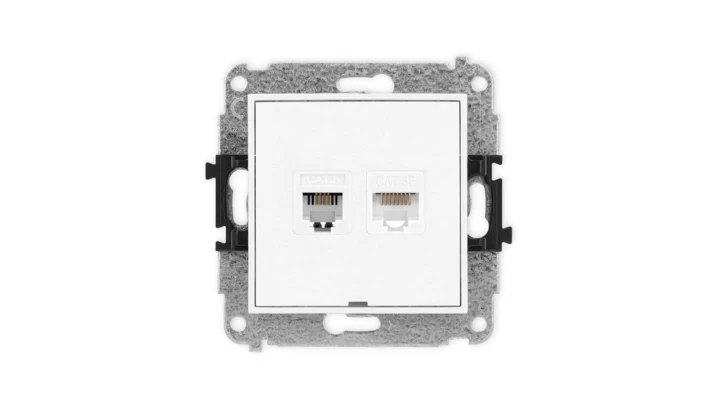 MINI Mechanizm gniazda telefonicznego pojedynczego 1xRJ11 + komputerowego pojedynczego 1xRJ45, kat. 5e, 8-stykowy, beznarzędziow