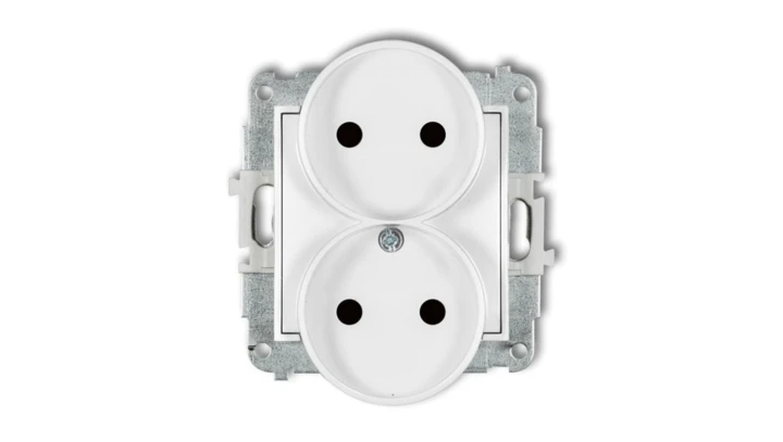 MINI Mechanizm gniazda podwójnego do ramki bez uziemienia 2x2P (przesłony torów prądowych) biały mat 25MGPR-2p