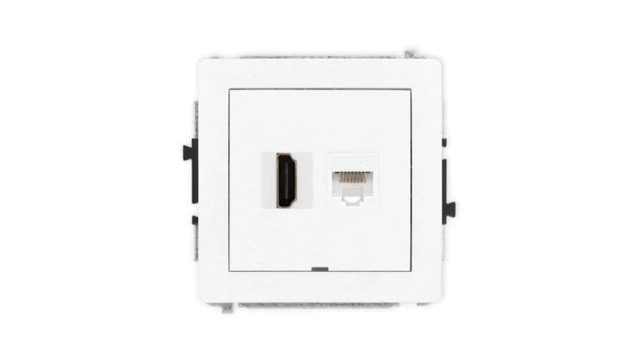 DECO Mechanizm gniazda pojedynczego HDMI 2.0 + gniazda komp. poj. 1xRJ45, kat. 5e, 8-stykowy, bez pola opisowego, biały mat 25DG