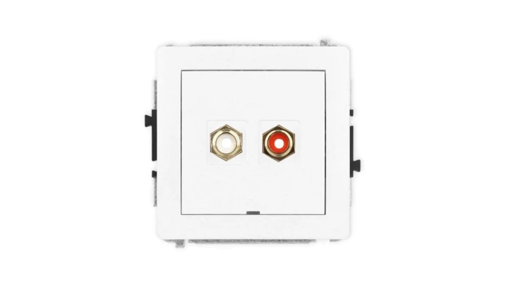 DECO Mechanizm gniazda podwójnego RCA, bez pola opisowego (typu cinch - biały i czerwony, pozłacany), biały mat 25DGRCABO-2