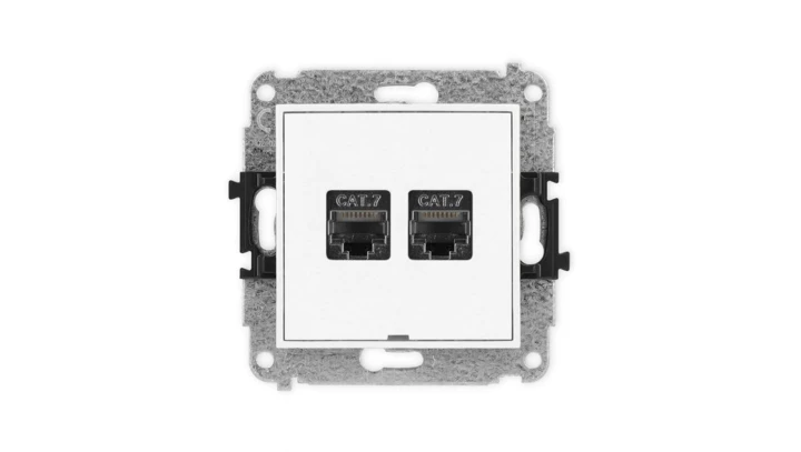 MINI Mechanizm gniazda komputerowego podwójnego 2xRJ45, kat. 7, ekranowane, 8-stykowy, bez pola opisowego biały mat 25MGKBO-10
