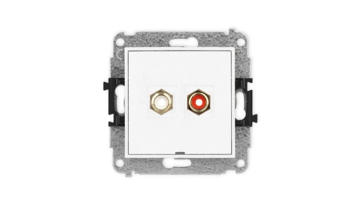 MINI Mechanizm gniazda podwójnego RCA, bez pola opisowego (typu cinch - biały i czerwony, pozłacany) biały mat 25MGRCABO-2