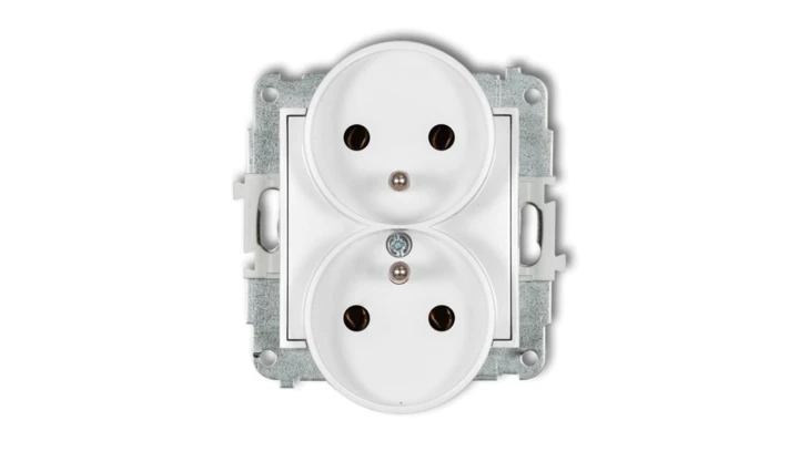 MINI Mechanizm gniazda podwójnego do ramki z uziemieniem 2x(2P+Z) (bez przesłon torów prądowych) biały mat 25MGPR-2z