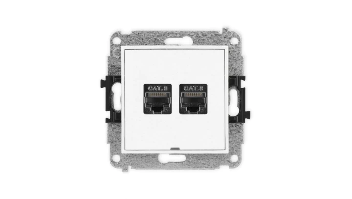 MINI Mechanizm gniazda komputerowego podwójnego 2xRJ45, kat. 8, ekranowane, 8-stykowy, bez pola opisowego biały mat 25MGKBO-12