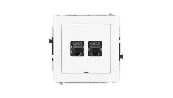 DECO Mechanizm gniazda komputerowego podwójnego 2xRJ45, kat. 7, ekranowane, 8-stykowy, bez pola opisowego, biały mat 25DGKBO-10