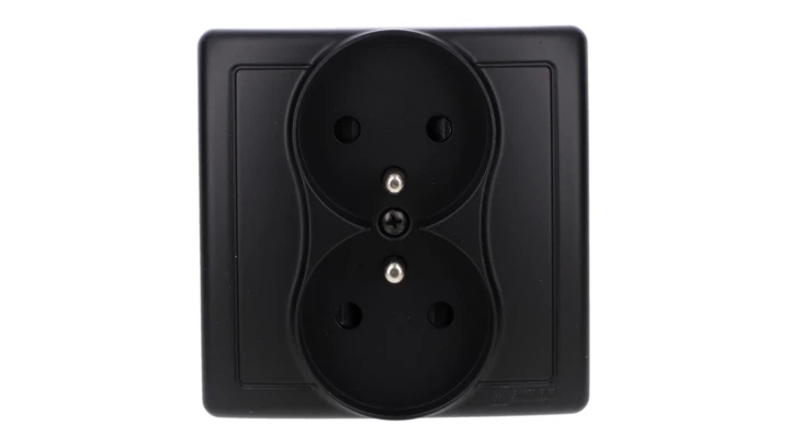 Simon Basic Gniazdo wtyczkowe z uziemieniem podwójne, monoblok, z przesł.torów prądowych zac.śrubowe czarny kompletne BMGZ2Z/49