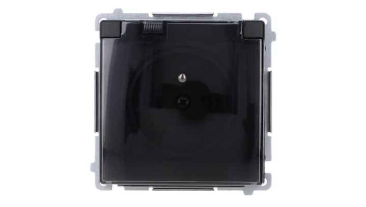 Simon Basic Gniazdo wtyczkowe z uziem., z przesł. torów prąd, IP44 (moduł) zaciski śrubowe klapka transp. czarny BMGZ1BZ.01/49A