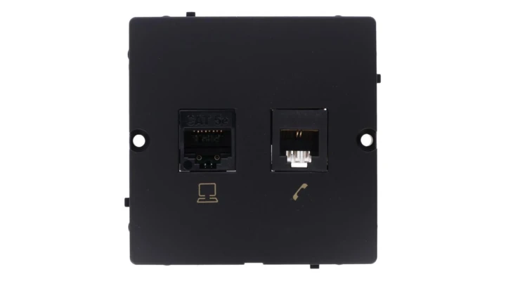 Simon Basic Gniazdo komputerowe RJ45 kat.5e + telefoniczne RJ11 (moduł). Montaż gniazda na wkręty do puszki czarny BMF5T.02/49