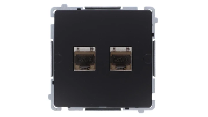 Simon Basic Gniazdo komputerowe RJ45, kat. 6, podwójne ekranowane z przesłoną przeciwkurzową (moduł). czarny BM62E.01/49