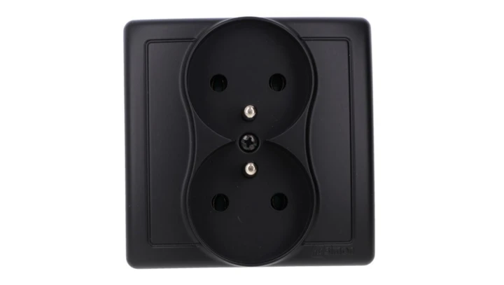 Simon Basic Gniazdo wtyczkowe z uziemieniem podwójne, monoblok, 16A, 250V, zaciski śrubowe, kompletne czarny BMGZ2/49