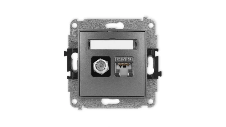 ICON Mechanizm gniazda antenowego poj. typu F (SAT) + gniazda komp. poj. 1xRJ45, kat. 6 ekranowane, 8-stykowy grafitowy 11IGFK-5