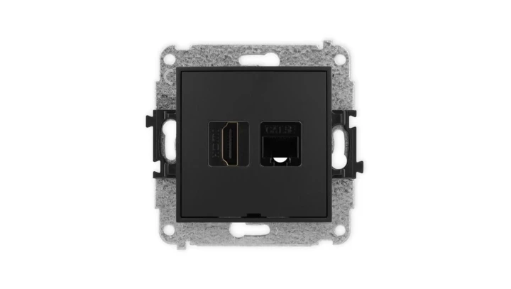 ICON Mechanizm gniazda poj. HDMI 2.0 + gniazda komp. poj. 1xRJ45, kat. 5e, 8-styk, bez pola opisowego czarny mat 12IGHKBO