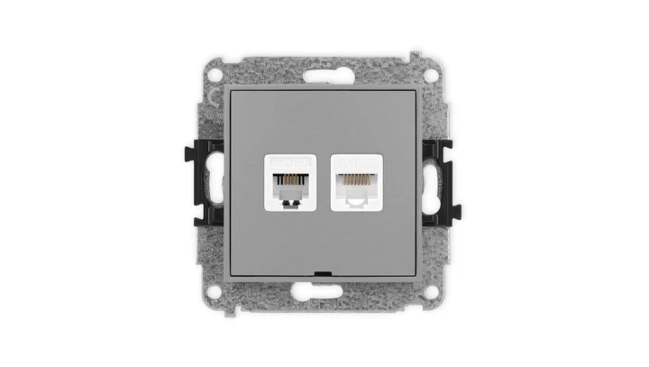 ICON Mechanizm gniazda telefonicznego 1xRJ11 + komputerowego 1xRJ45 kat. 5e, 8-styk beznarzędziowe, bez opisu szary mat 27IGTKBO