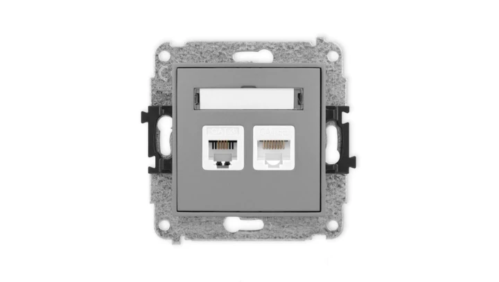 ICON Mechanizm gniazda telefonicznego poj. 1xRJ11 + komputerowego poj. 1xRJ45, kat. 5e, 8-styk, beznarzędziowe szary mat 27IGTK