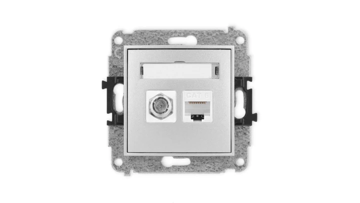 ICON Mechanizm gniazda antenowego poj. typu F (SAT) + gniazda komp. poj. 1xRJ45, kat. 6, 8-stykowy srebrny metalik 7IGFK-3