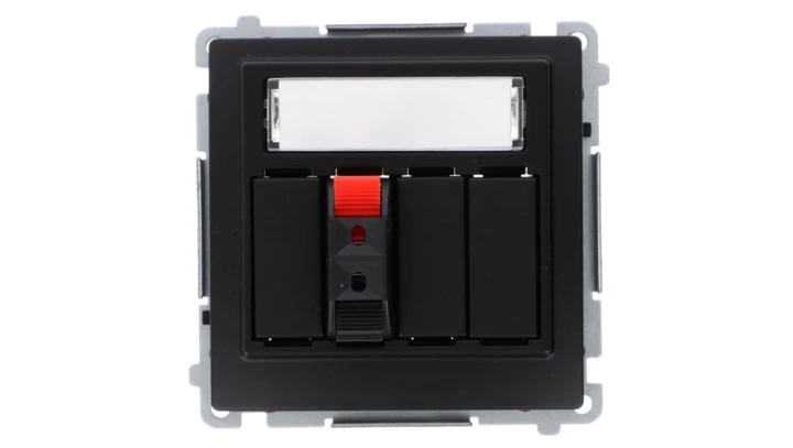 Simon Basic Gniazdo głośnikowe 1-krotne z polem opis. (moduł) Przekrój przew.dla wejścia i wyjścia 2,5 mm2 czarny BMGL31.01/49