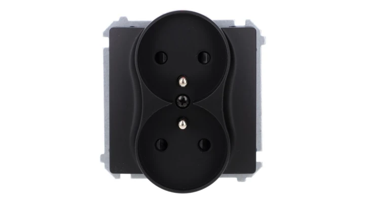 Simon Basic Gniazdo wtyczkowe podwójne z uziemieniem (moduł), z przesł. torów prądowych, zaciski śrubowe czarny BMGZ2MZ.01/49