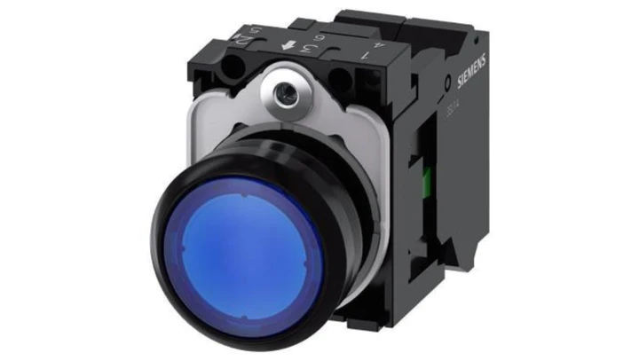 Przycisk okrągły, podświetlany, 22 mm, tworzywo, niebieski, przycisk, płaski, ze stykiem chwilowym, z uchwytem3SU1102-0AB50-3BA0