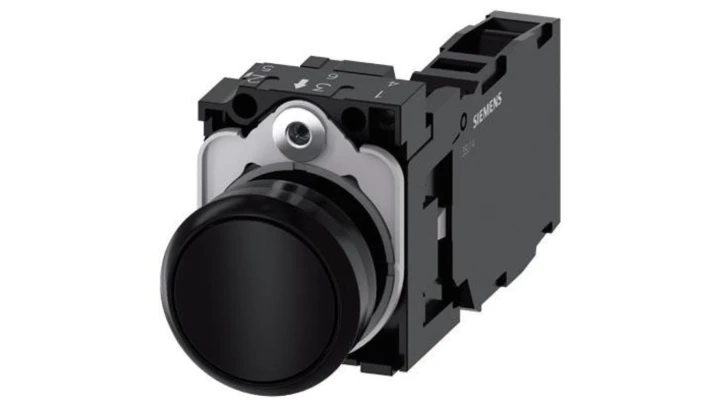 Przycisk, 22 mm, okrągły, plastikowy, czarny, przycisk, płaski, zestyk chwilowy, z uchwytem 1 NO + 1 NC 3SU1100-0AB10-1FA0