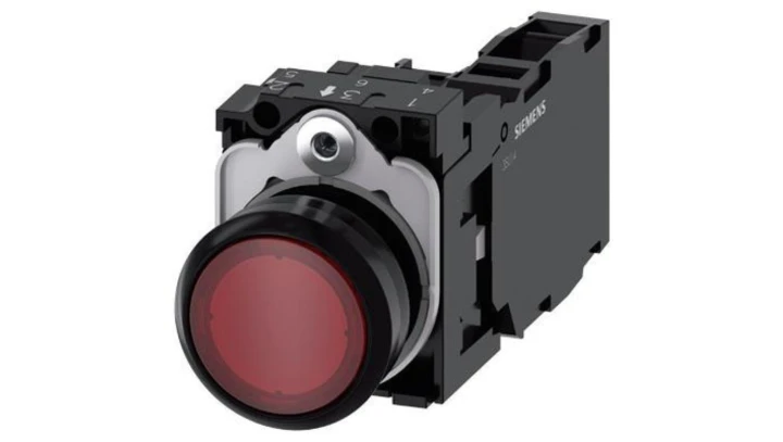 Przycisk podświetlany, 22 mm, okrągły, plastikowy, czerwony, przyciskowy, płaski, z zestykiem chwilowym, z uchwytem, ​​1 NO+1 NC