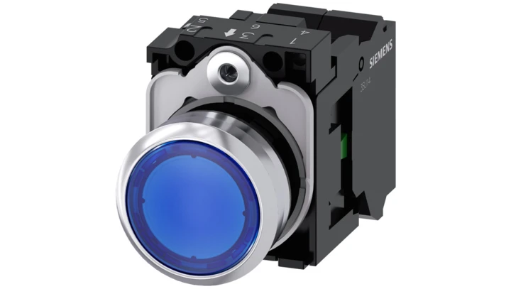 Przycisk podświetlany 22mm okrągły metal niebieski płaski z samopowrotem 1NO LED 24V AC DC sprężynowe SIRIUS 3SU1152-0AB50-3BA0