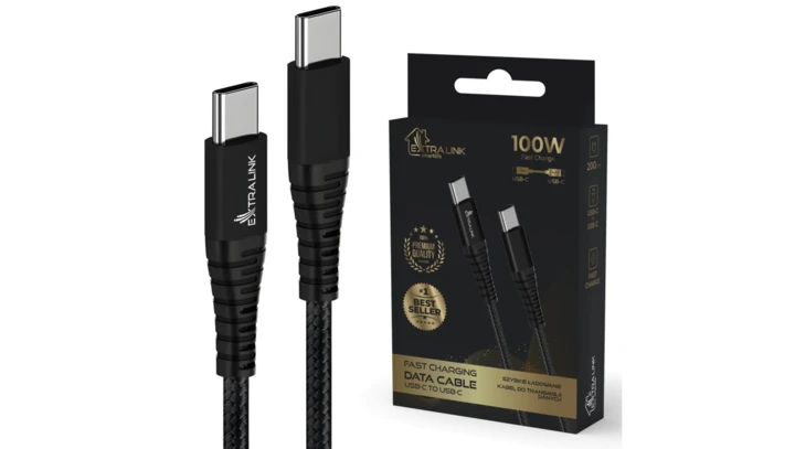 Kabel USB Typu C 480 Mbps, 20V 5A Extralink Smart Life Braided 100W USB Type-C to Type-C 2m Czarny