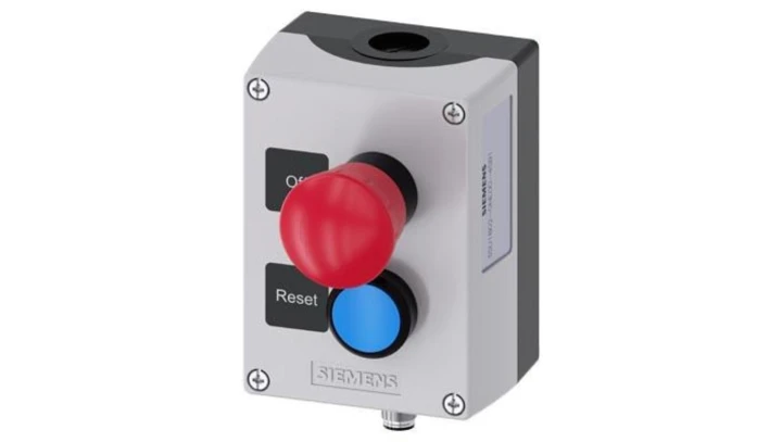 Kaseta szara z przyciskiem bezpieczeństwa 2R i przyciskiem niebieskim 1Z złącze M12 8pin IP69k SIRIUS ACT 3SU1802-0NE00-4SB1