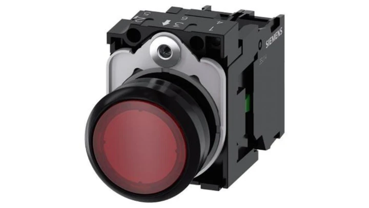 Przycisk podświetlany, 22 mm, okrągły, plastikowy, czerwony, przyciskowy, płaski, z zestykiem chwilowym, z uchwytem, ​​1 NO, mod