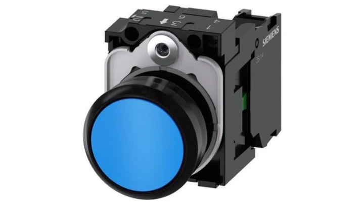 Przycisk 22 mm, round, plastic, blue, flat, momentary contact type, with holder 1 NO, screw terminal 3SU1100-0AB50-1BA0