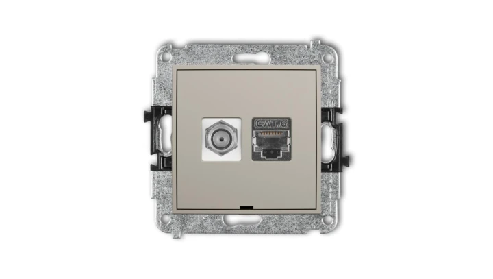 MINI Mechanizm gniazda antenowego F (SAT) + gniazda komp. 1xRJ45, kat. 6 ekranowany, 8-stykowy, bez opisu taupe 60MGFKBO-5