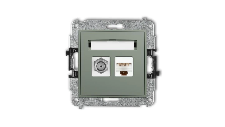 MINI Mechanizm gniazda antenowego poj. typu F (SAT) + gniazda komp. poj. 1xRJ45, kat. 5e, 8-stykowy szałwiowy 61MGFK-1