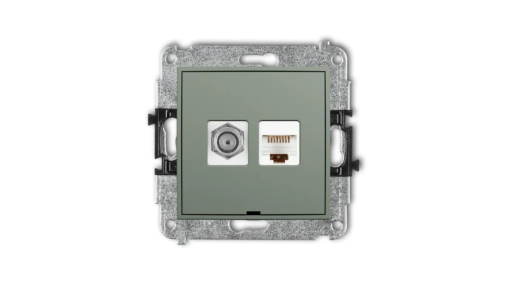 MINI Mechanizm gniazda antenowego poj. typu F (SAT) + gniazda komp. 1xRJ45, kat. 5e, 8-stykowy, bez opisu szałwiowy 61MGFKBO-1