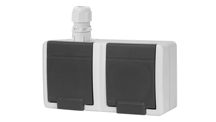 AQUANT 2K gniazdo natynkowe podwójne z uziemieniem 2x2P+Z IP65 szary 5042-65