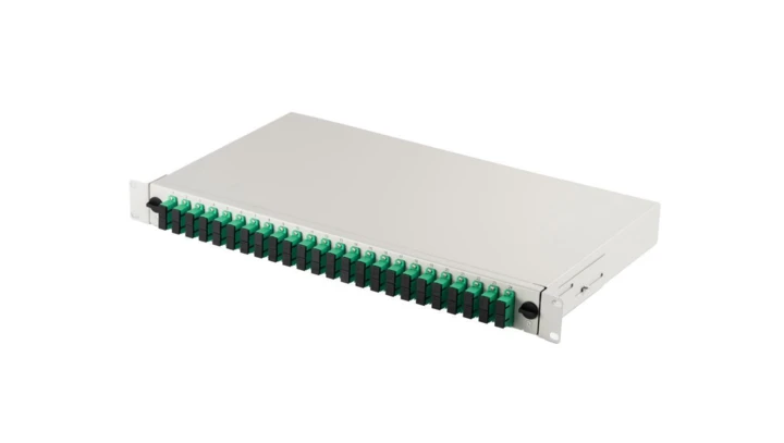 Panel krosowy FO z wyposażeniem 19 1U, 24x SC APC dx, OS2, pigtaile, adaptery, tacki, szary DN-96322-9-APC