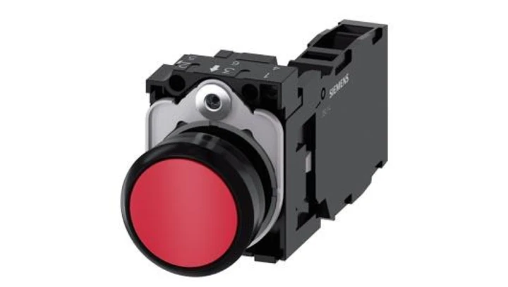 Przycisk 22 mm okrągły plastikowy czerwony płaski ze stykiem chwilowym z uchwytem 1 NO+1 NC 3SU1100-0AB20-1FA0