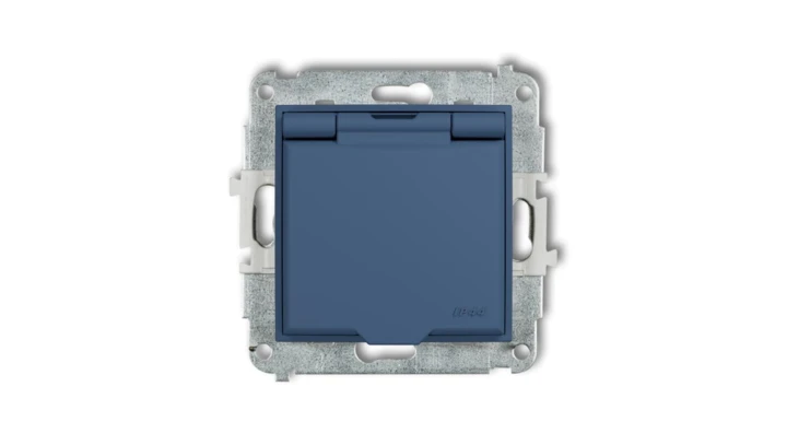 MINI Mechanizm gniazda bryzgoszczelnego z uziemieniem 2P+Z (klapka navy blue, przesłony torów prądowych) navy blue 64MGPB-1zp