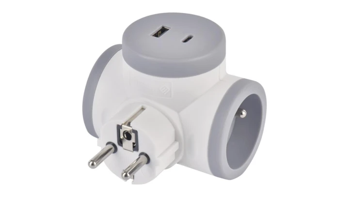 Rozgałęźnik 2×, 1×USB-A+1×USB-C, biało-szary