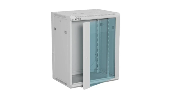 Szafa rack wisząca 19 cali 15U 600x450, drzwi szklane, tył i osłony boczne demontowalne, FLAT PACK kolor szary ALANTEC