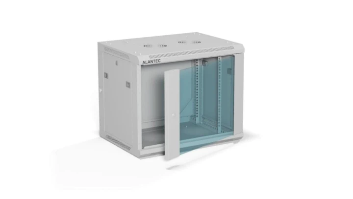 Szafa rack wisząca 19 cali 9U 600x450, drzwi szklane, tył i osłony boczne demontowalne, FLAT PACK kolor szary ALANTEC