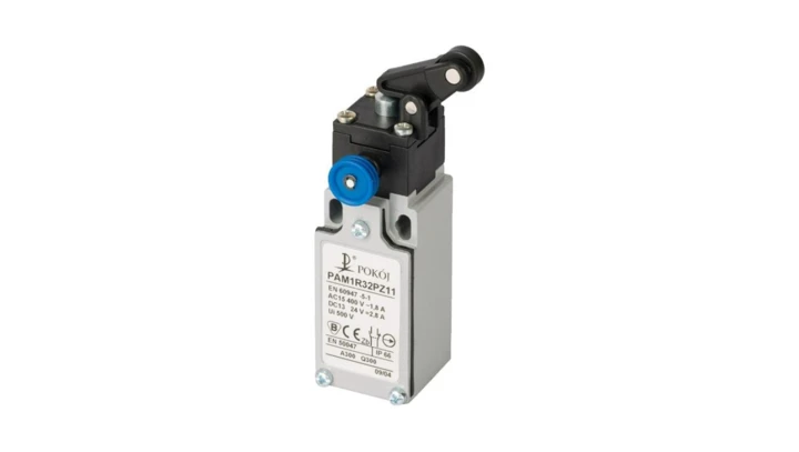 Wyłącznik krańcowy 2R wolnoprzełączający popychacz stalowy dźwignia pionowa z rolką Ø12,5 z resetem PAM1R32PW02 A37-4R44