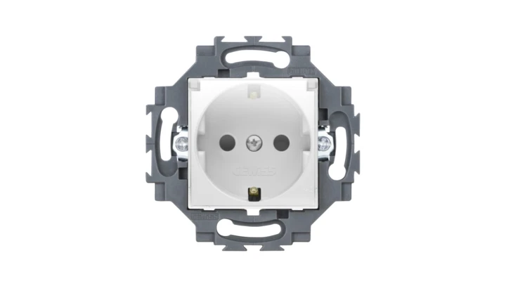 Gniazdo Schuko z klapką 2P+E 16A z przesłonami styków, z uziemieniem, zaciski śrubowe, białe, Dahlia GW35203W