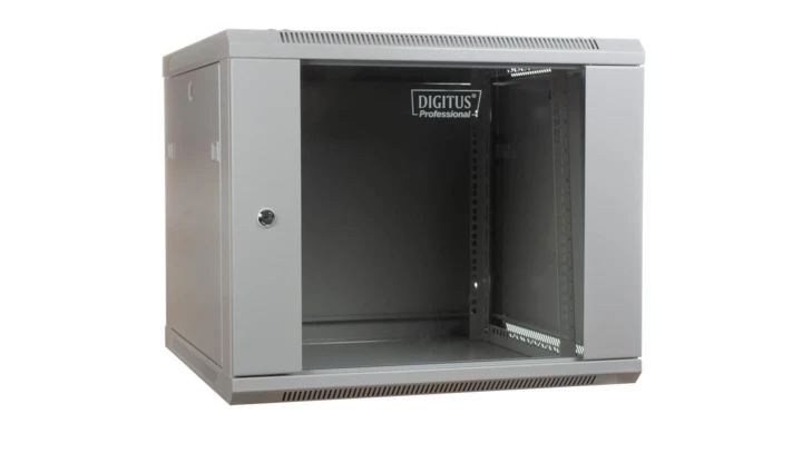 Szafa sieciowa wisząca 19 9U rack 600x600, drzwi szyba, szary, niedzielona, złożona, 60kg DN-W19 09U/600