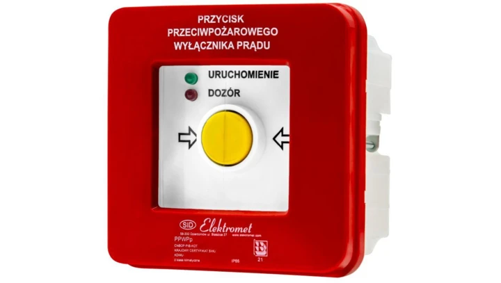 Przycisk ppoż wyłącznika prądu p/t 2 tory prądowe 12A, NO-NO, diody czerwona/zielona PPWPp-2s A