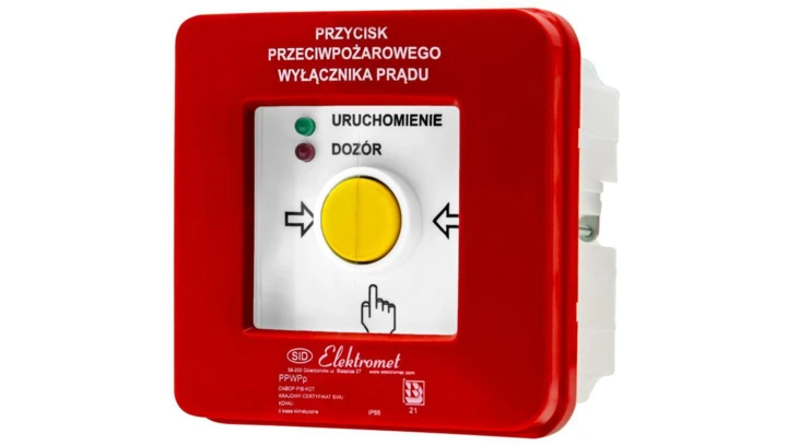Przycisk ppoż wyłącznika prądu p/t 2 tory prądowe 12A, NC-NO, diody czerwona/zielona PPWPp-1 B