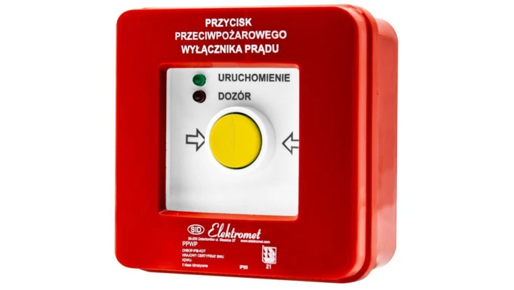 Przycisk ppoż wyłącznika prądu n/t 4 tory prądowe 12A, NO-NO NO-NO, diody czerwona/zielona PPWP-5s A